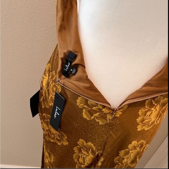 Lulus Elegant Brown gold Sheath midi Dress with Halter Neckline for Night Out - Picture 5 of 9